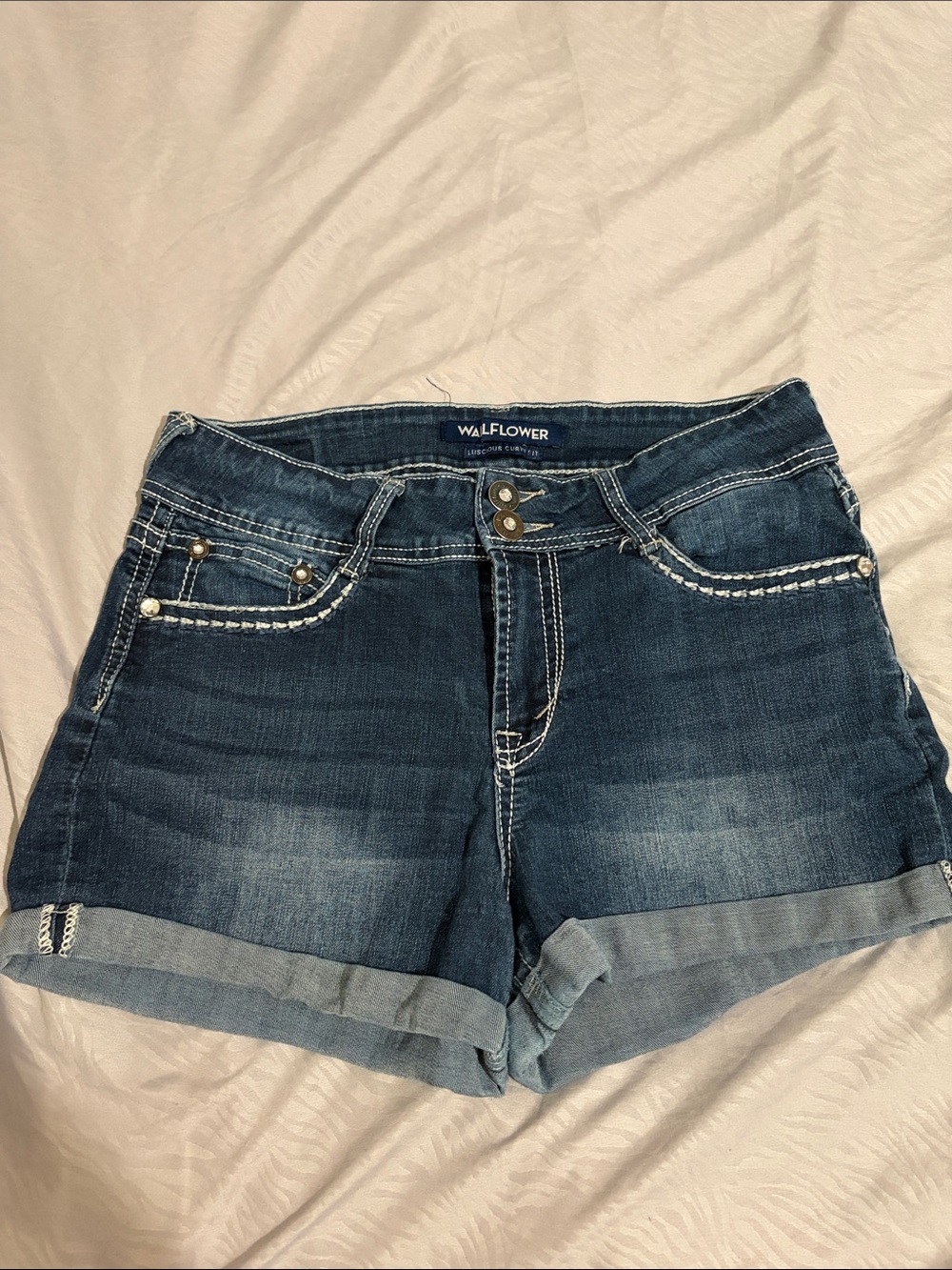 Wallflower Medium-Dark Blue Rolled Cuff Denim Shorts Star pattern